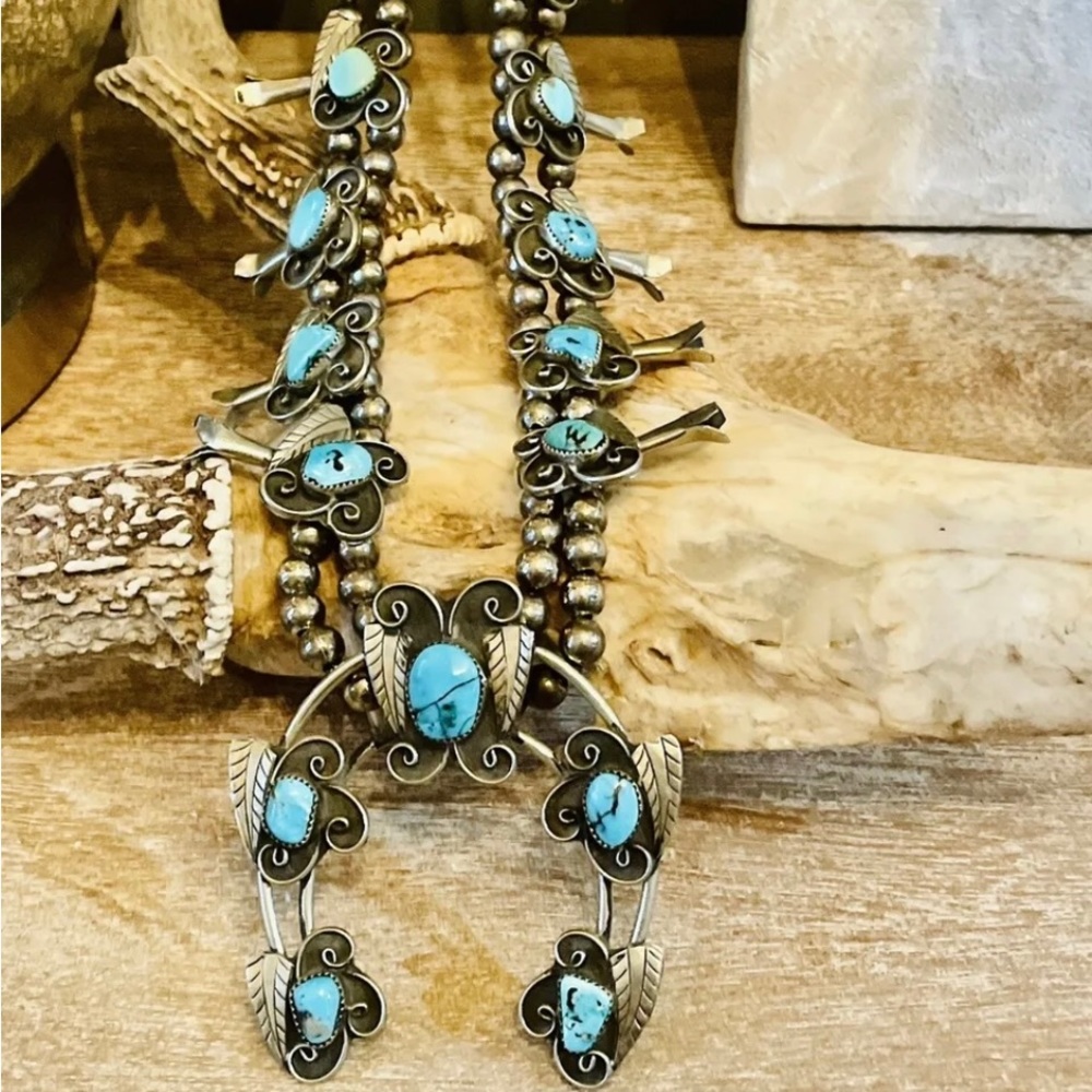 Antique Authentic Native American Sterling Silver Turquoise Squash Blossom